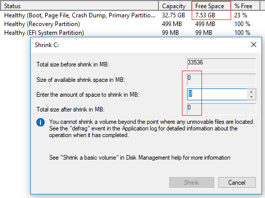 Cannot shrink C drive