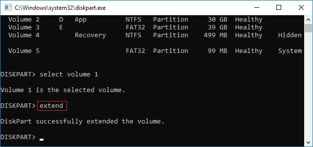 Extend C drive with Windows 10 Diskpart Extend Volume command.