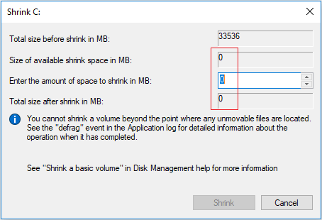 Can't shrink system volume