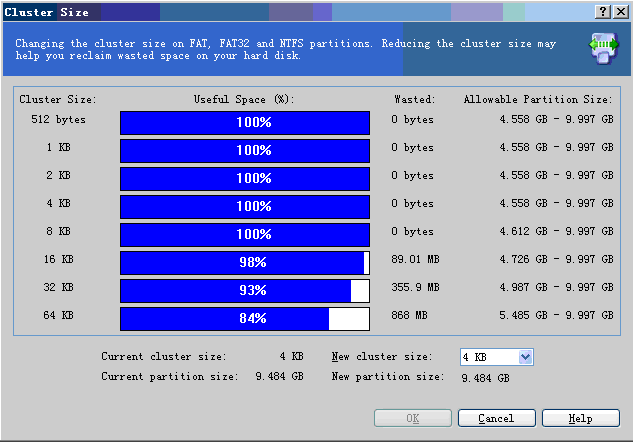 Change cluster size by Disk Director