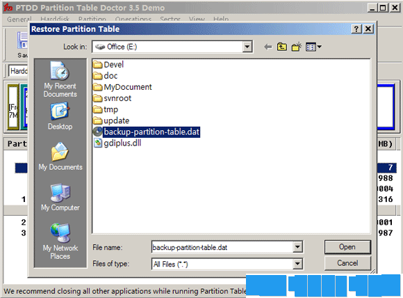 restore partition table