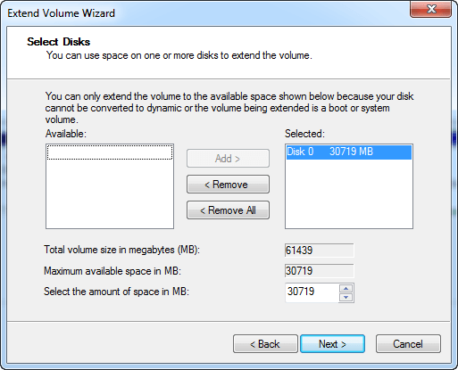 Select disk space