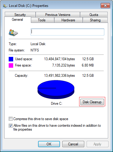 come liberare spazio su disco di ripristino o spazio su Windows 7