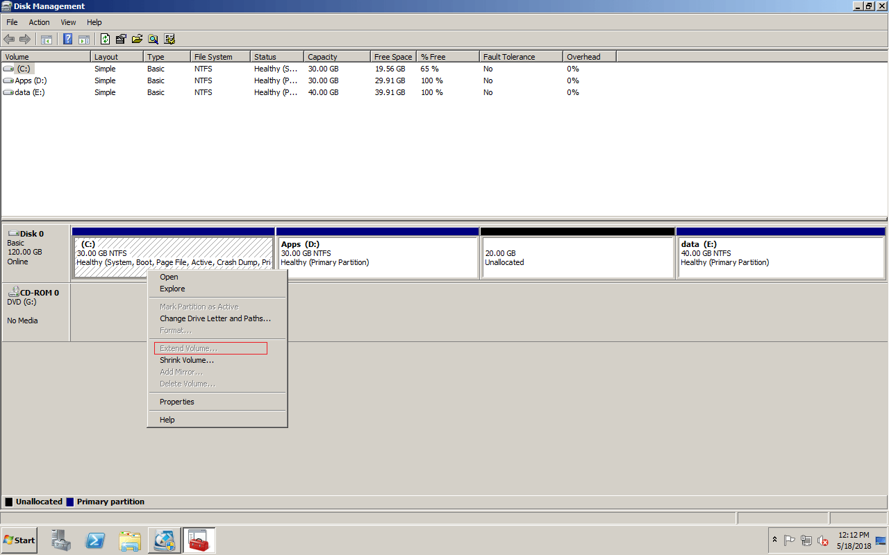 Unable to extend c drive