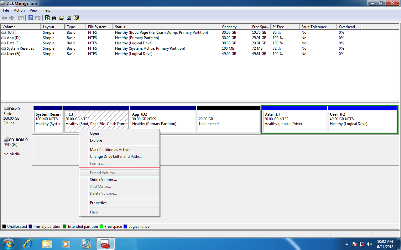 Unable to extend C drive