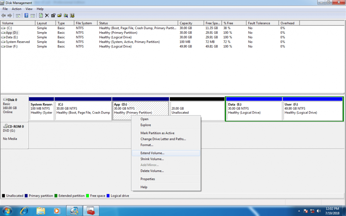 Extend hard drive partition on Windows 7 without data loss.