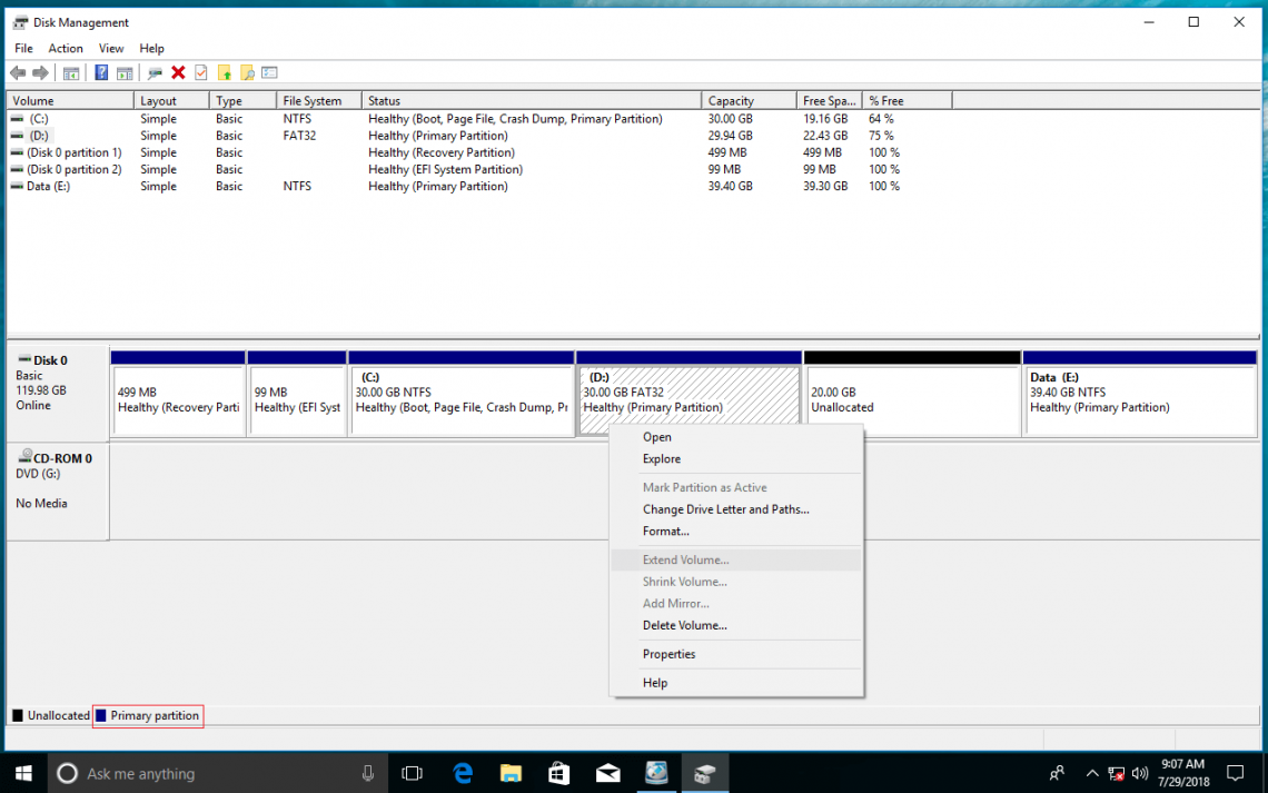 Resize system reserved partition windows 10