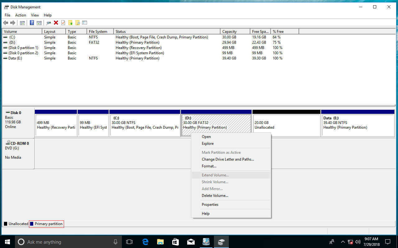 Extend primary partition