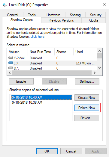 Delete shadow copies