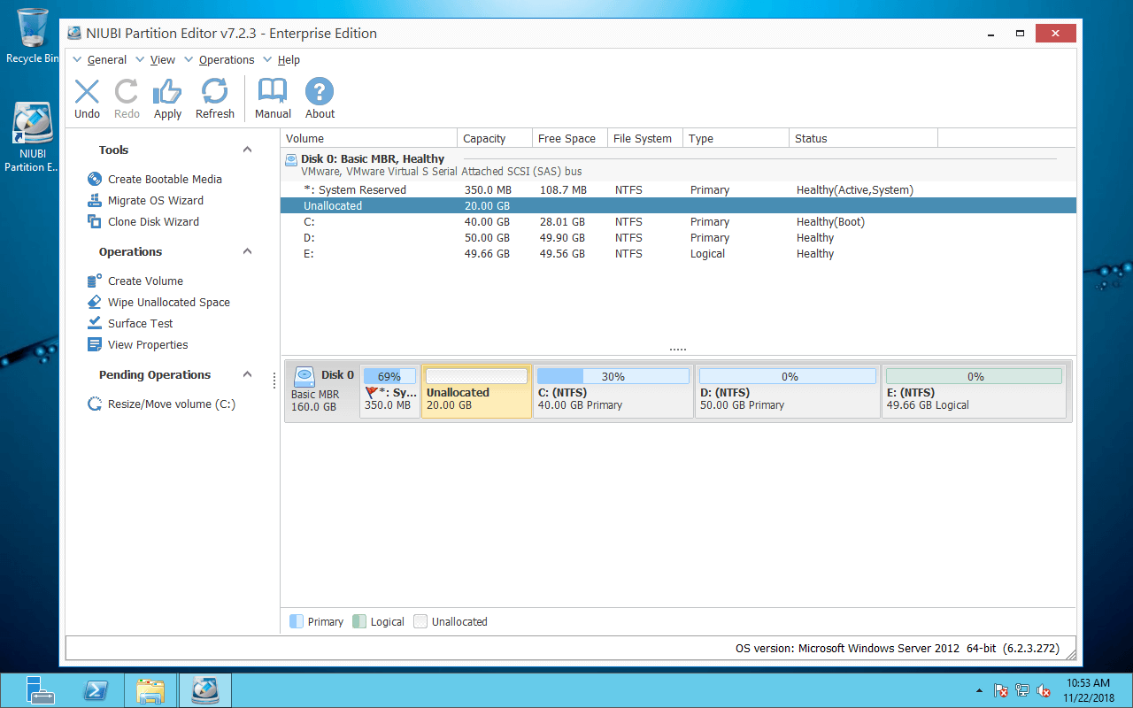 Decrease system volume & shrink C drive on Windows Server 2012.